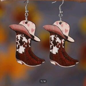 Vintage Heart Hat Boots Wooden Earrings Western Cowboy Boots Drop Earrings For W
